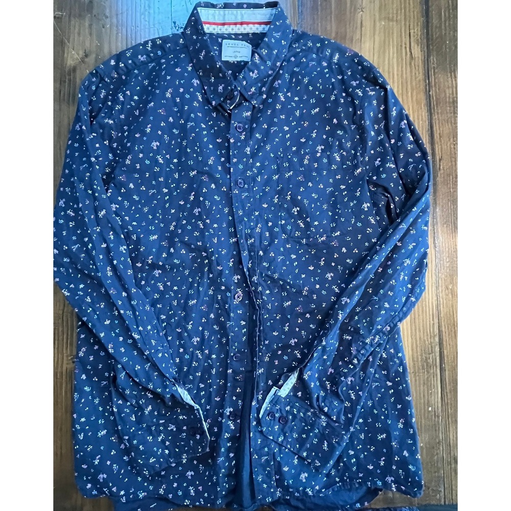 Level‎ Ten Mens Navy Blue Floral Print Button Down Shirt Long Sleeve Large